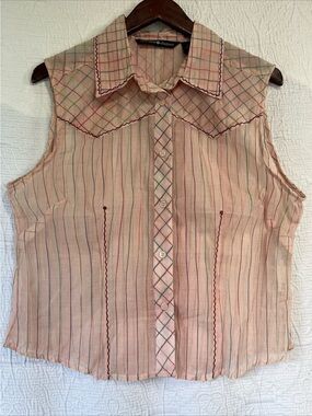 Vintage Gordon James Deadstock Women L Sheer Stripe Western Cotton Top Pink New